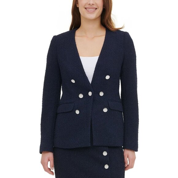 Calvin Klein Double-Breasted Textured Blazer, Navy, 8 - Picture 1 of 10